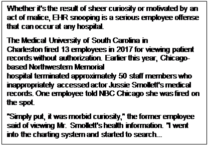 Text Box: Whether it's the result of sheer curiosity or motivated by an act of malice, EHR snooping is a serious employee offense that can occur at any hospital. The Medical University of South Carolina in Charleston fired 13 employees in 2017 for viewing patient records without authorization. Earlier this year, Chicago-based Northwestern Memorial hospital terminated approximately 50 staff members who inappropriately accessed actor Jussie Smollett's medical records. One employee told NBC Chicago she was fired on the spot. "Simply put, it was morbid curiosity," the former employee said of viewing Mr. Smollett's health information. "I went into the charting system and started to search...