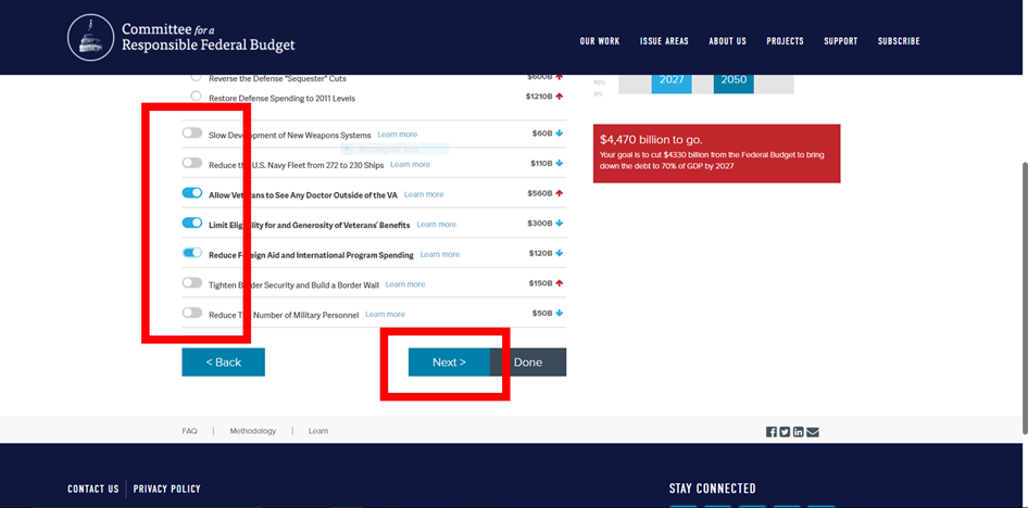 Image of the Debt Fixer website. The image is showing how you can move the toggles to change certain features of the U.S. budget.