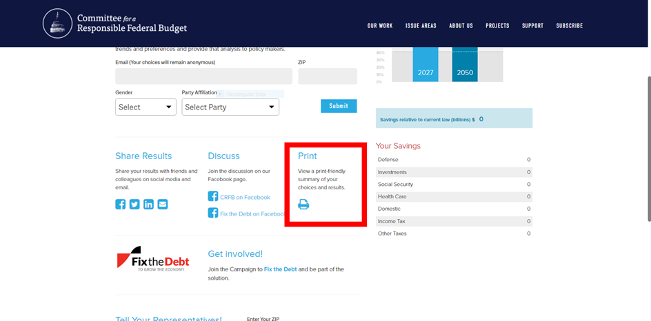 Image of the Debt Fixer website. This image is showing were to print your results.